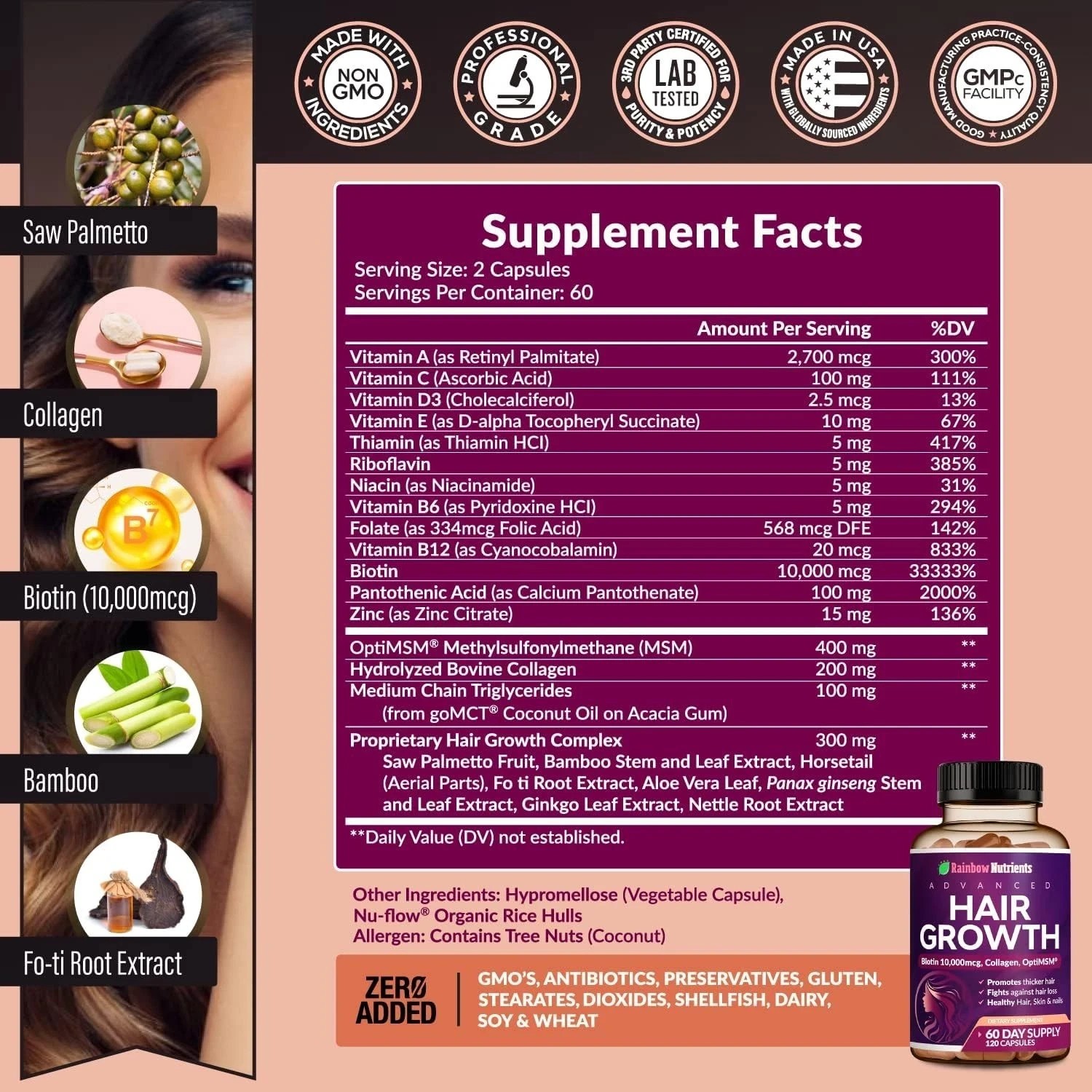 3 PACK NEW Rainbow Nutrients ADVANCED Hair Growth Vitamins – Biotin 10,000mcg