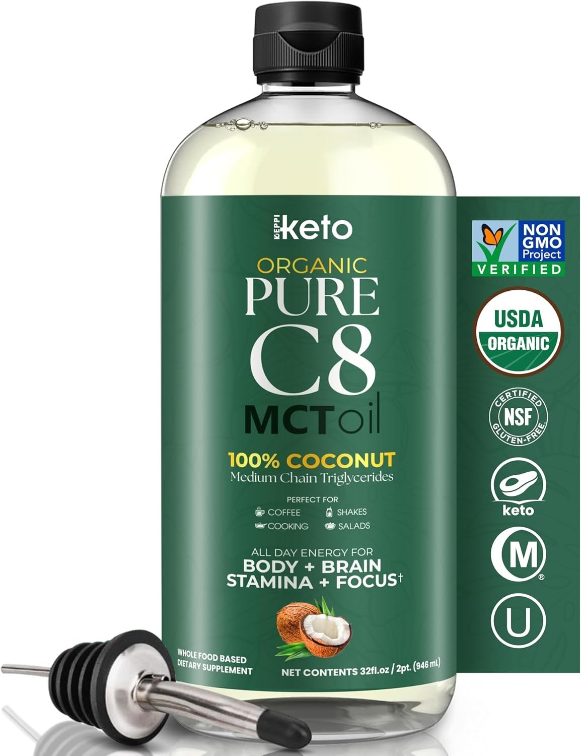 Keto Organic MCT Oil – Flavorless C8, Non-GMO, Certified Gluten-Free, Palm Oi…