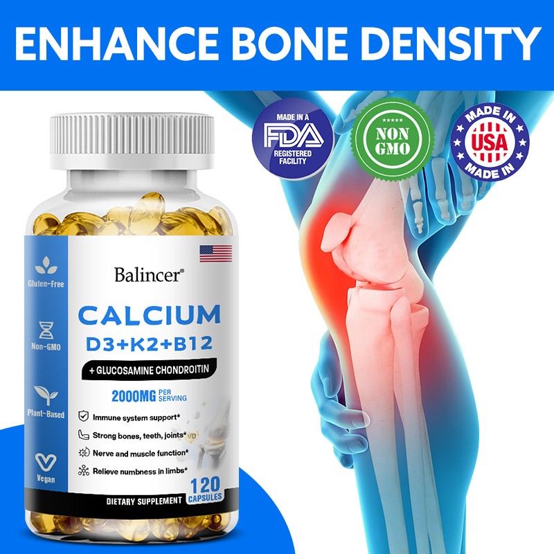 Calcium Capsules w/ D3+K2+B12 Support Bones Muscles Health Immune System 120Caps
