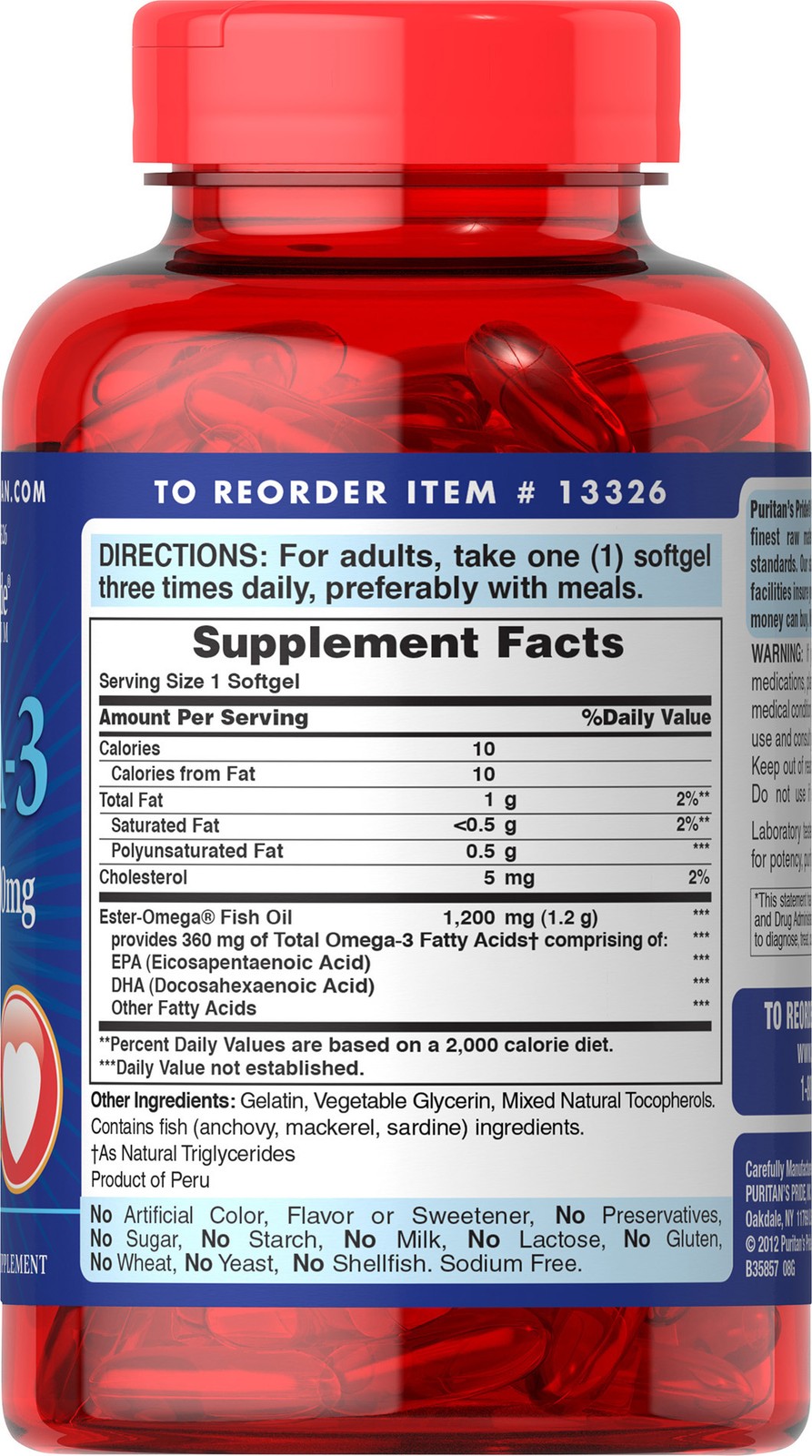 Puritan’s Pride Omega-3 Fish Oil 1200 mg (360 mg Active Omega-3) – 100 Softgels