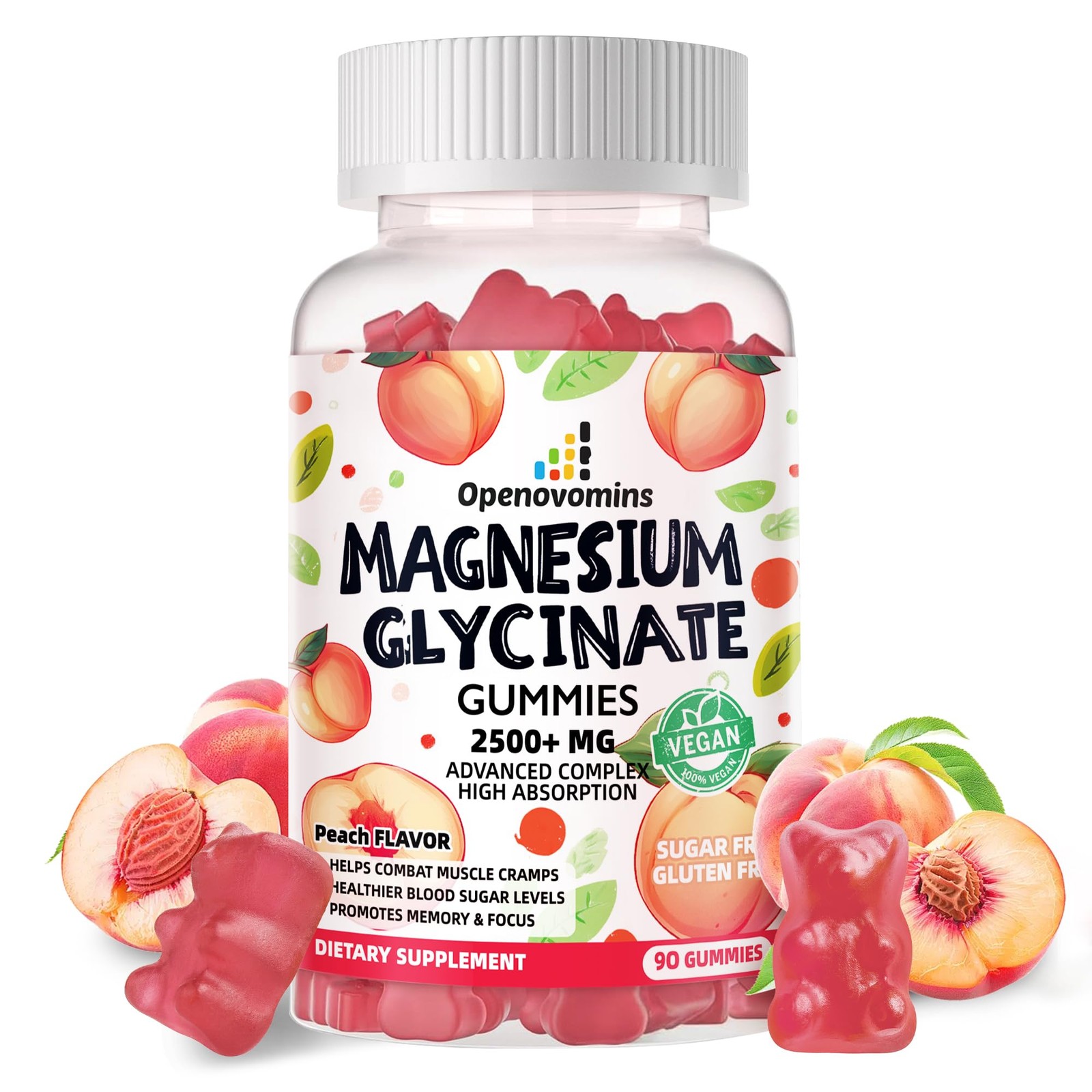 Magnesium Glycinate Gummies 2500mg – Sugar Free 90 Count (Pack of 1), Peach