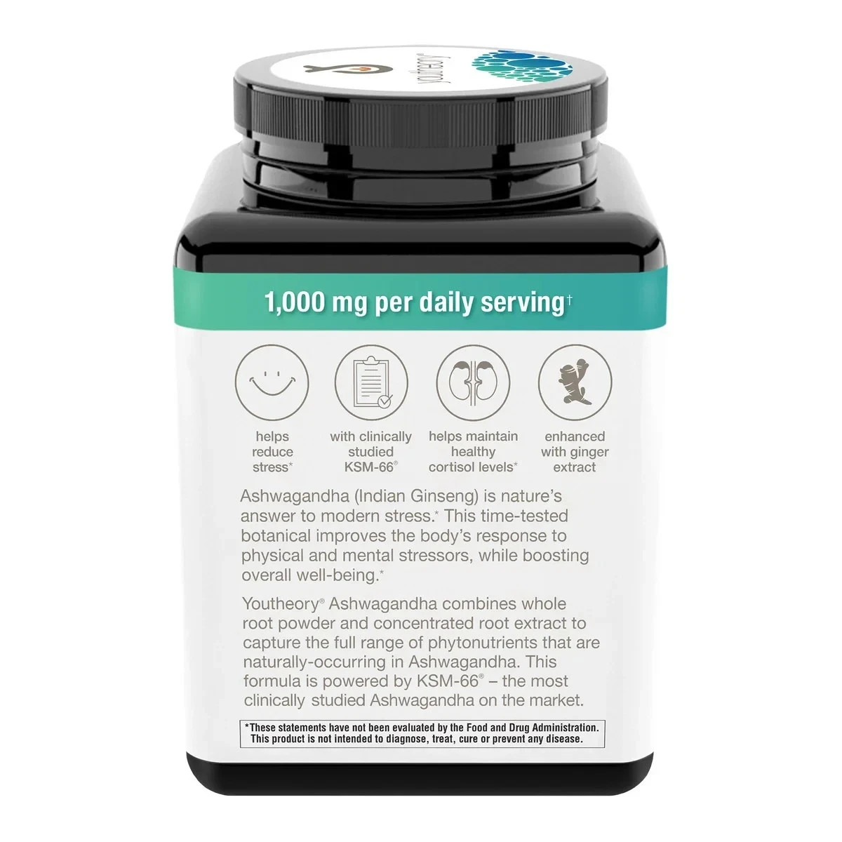 Youtheory Ashwagandha 1000 mg, 180 Vegetarian Capsules (Exp 12/2027)