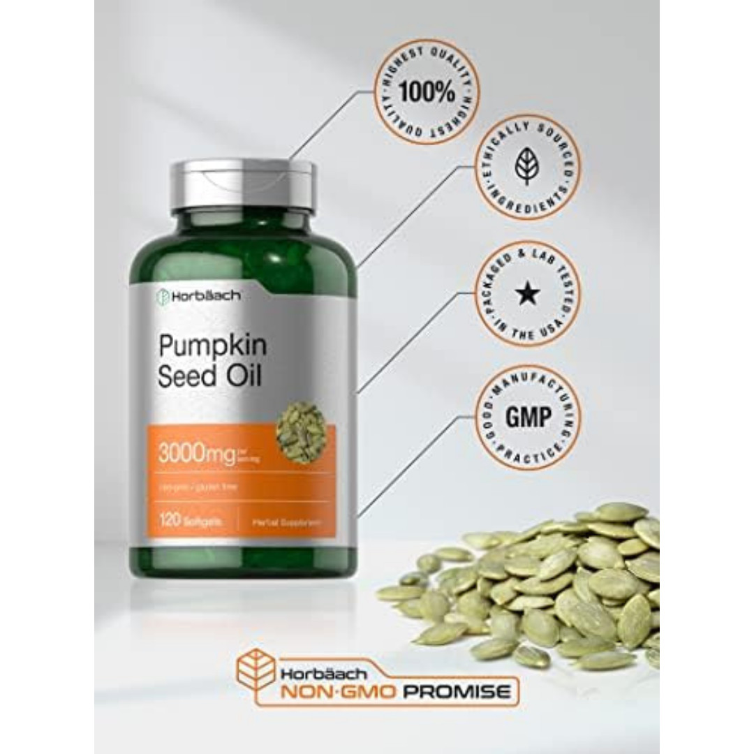 Pumpkin Seed Oil Capsules | 3000mg | 120 Softgels | Cold Pressed | by Horbaach