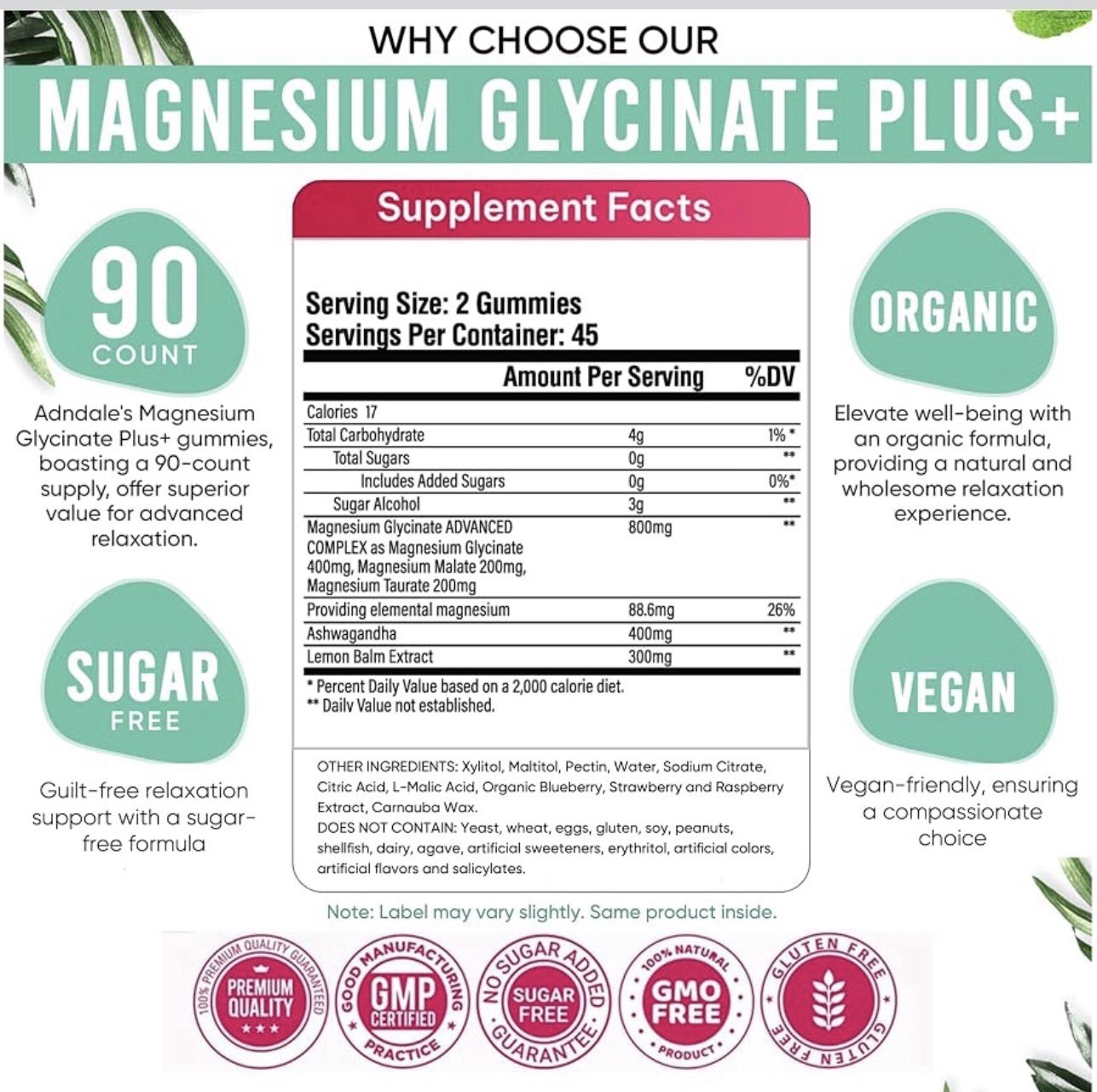 2X Adndale Magnesium Glycinate Gummies 400mg With Ashwagandha Sugar Free 180 Ct