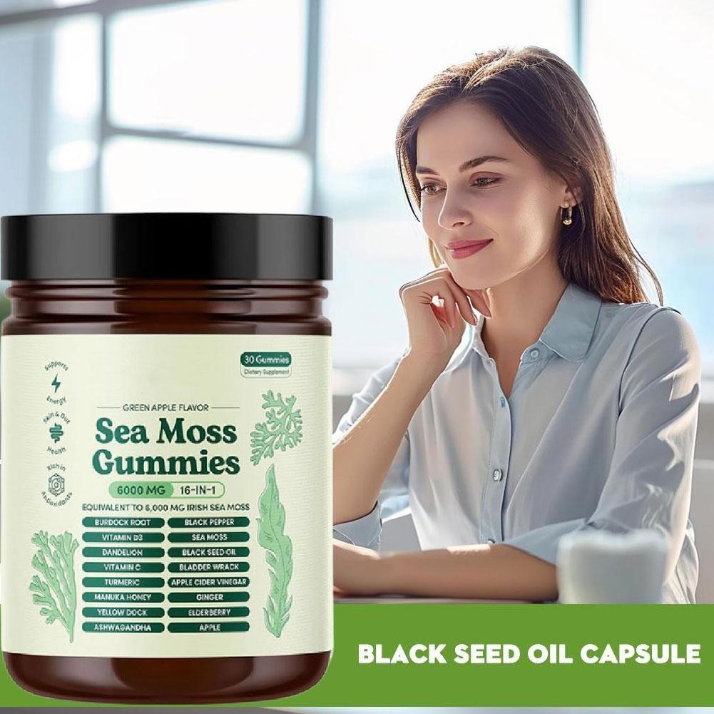 16 in 1 Organic Sea Moss Gummy | Irishmoss Extract 6000Mg | Green Apple Flavor