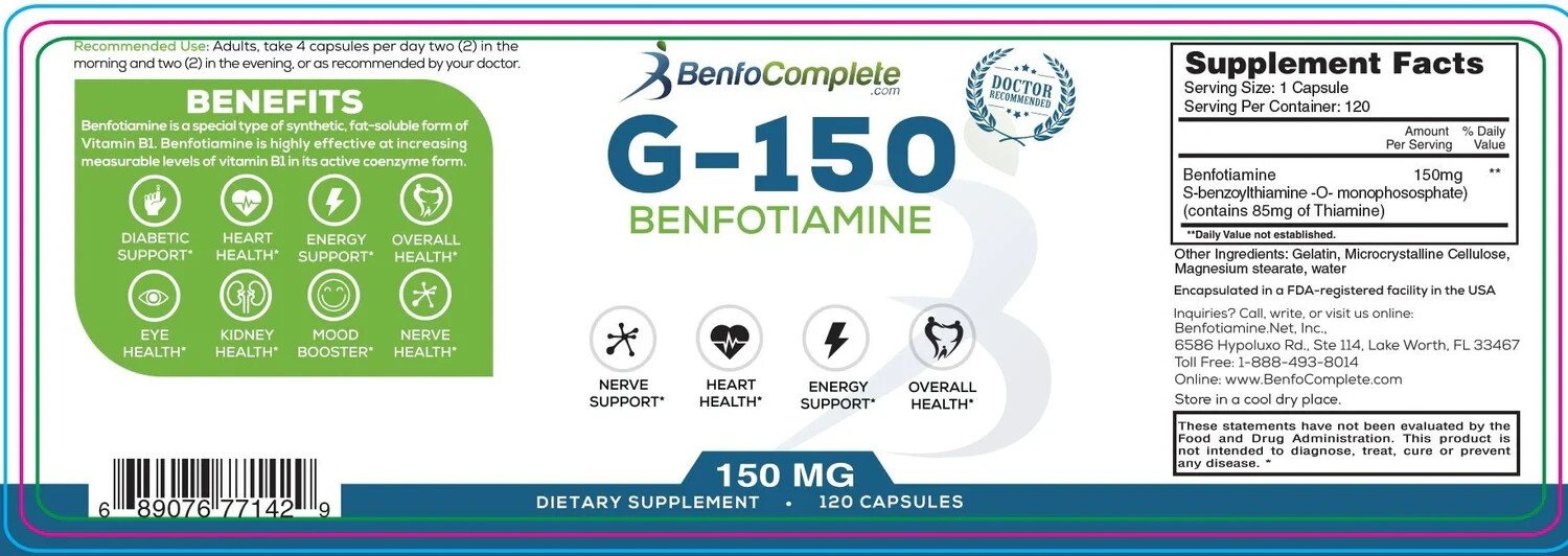 Benfotiamine 150mg 120 Gelatin Capsules Per Bottle Made in USA