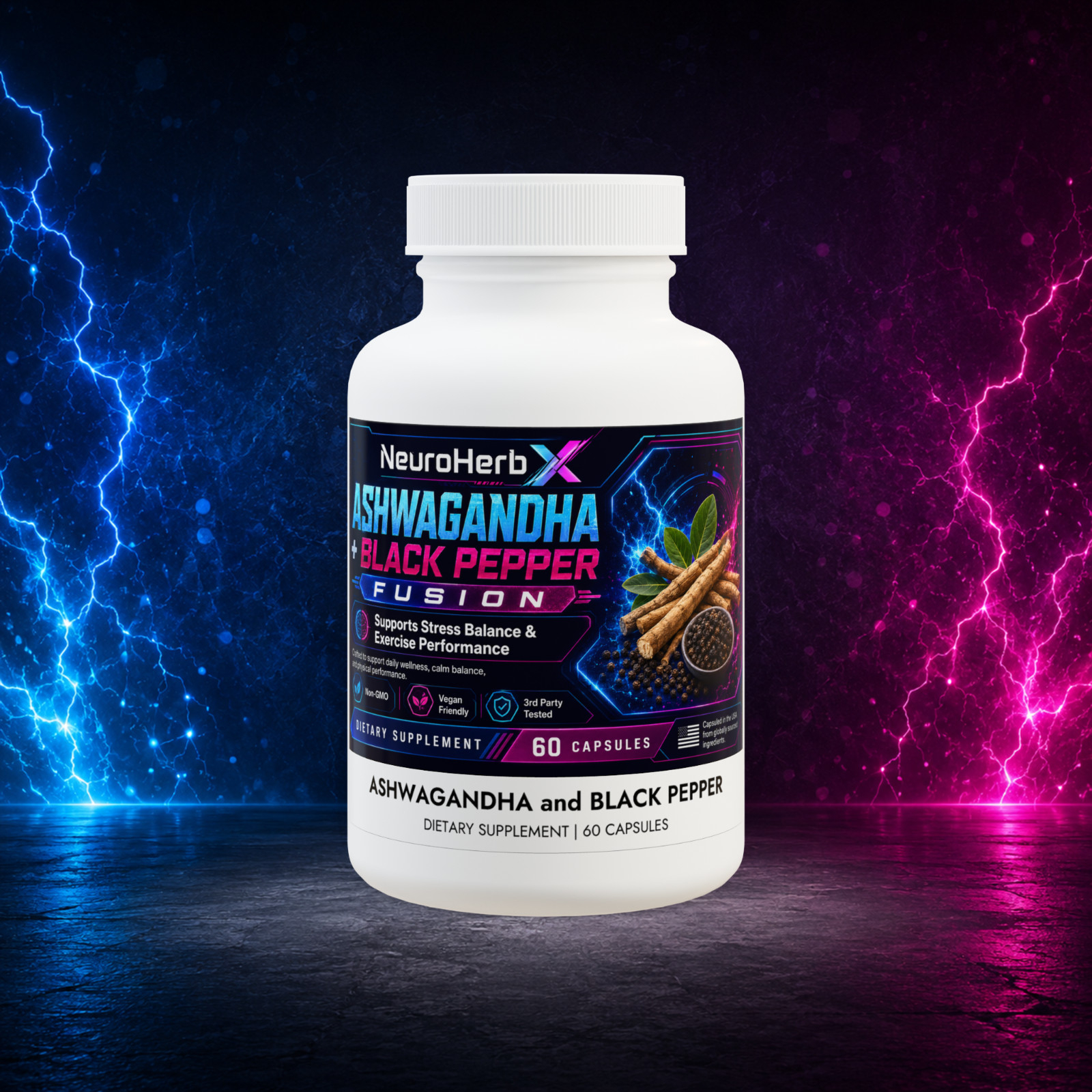 Ashwagandha Black Pepper Fusion 60 Capsules Stress Balance Vegan Non-GMO