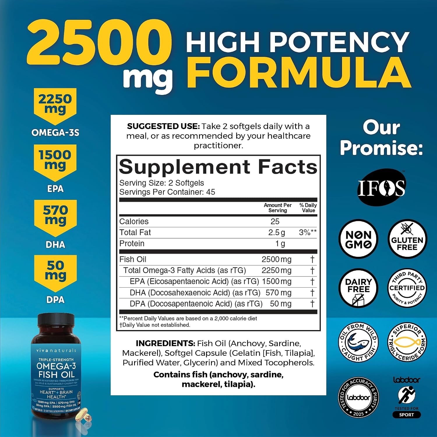Triple Strength Pure Omega-3 Fish Oil, 2500 mg for Heart & Brain Health, 90 S…