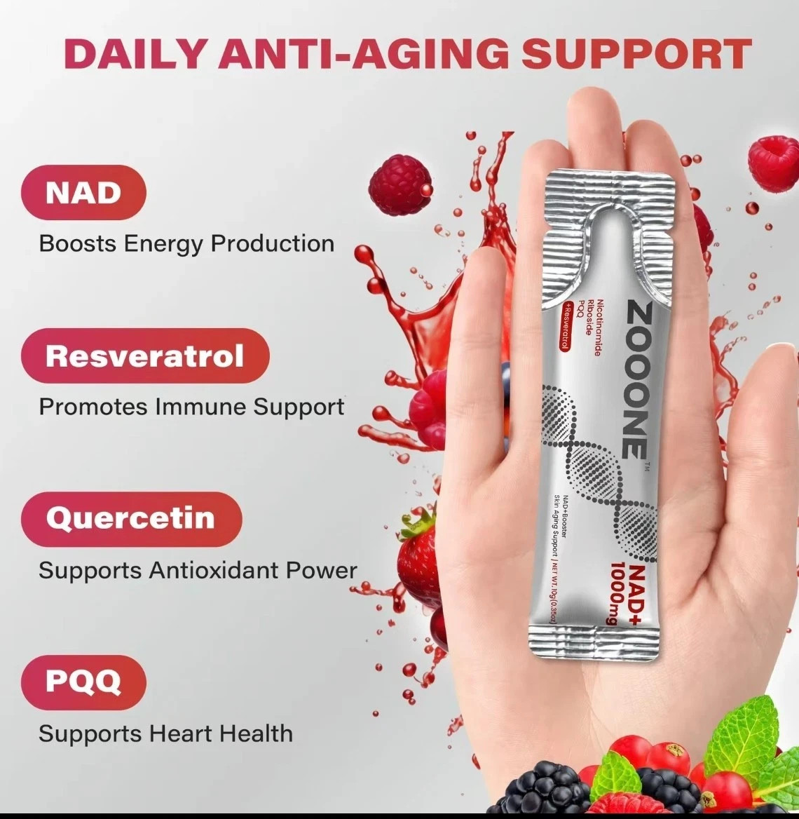 ZOOONE NR1000 NAD+ Drink Mix – Berry Flavor, Energy & Skin Support, 30 Pack