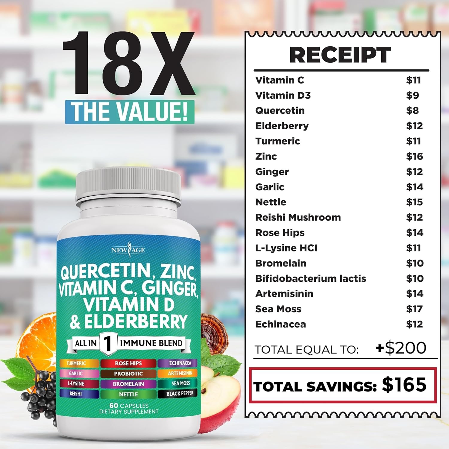 Zinc Vitamin C,D Bromelain-Nettle Supplement withArtemisinin,Echinacea-120 Count