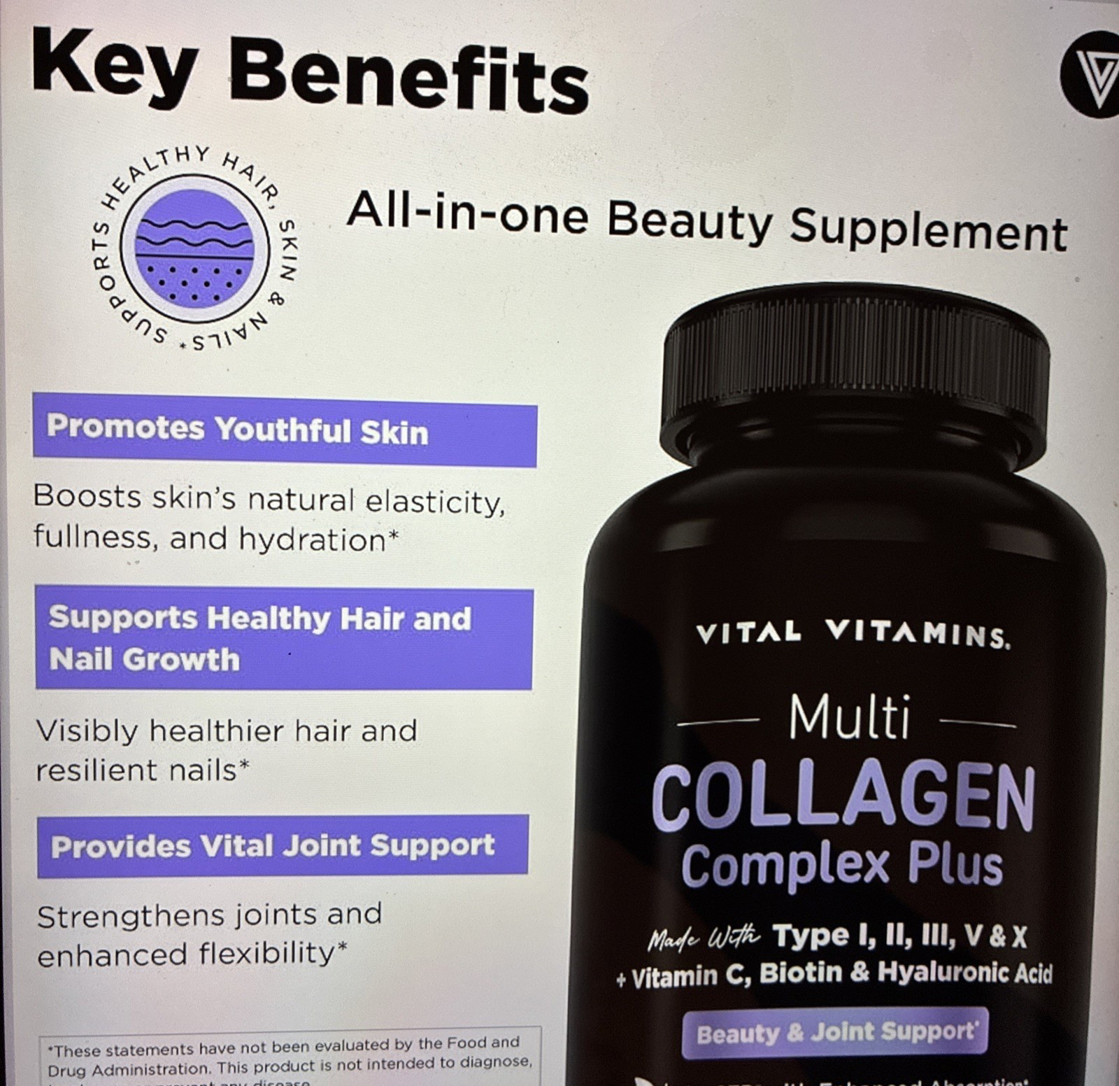 Vital Vitamins Multi Collagen Complex Plus – Advanced Beauty & Wellness – 150 CT