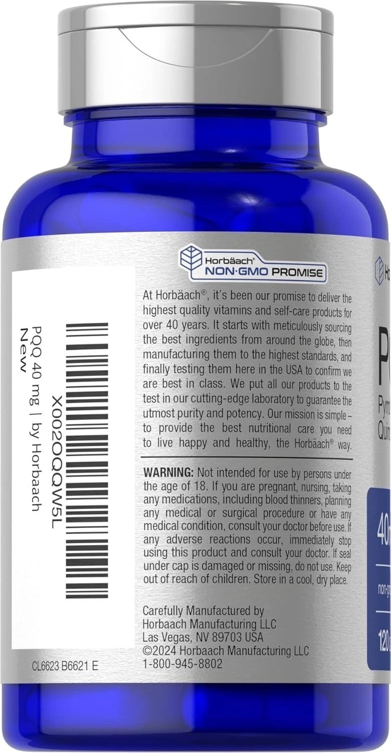 Horbaach PQQ Supplement 40mg 120 Capsules Pyrroloquinoline Quinone Disodium Salt