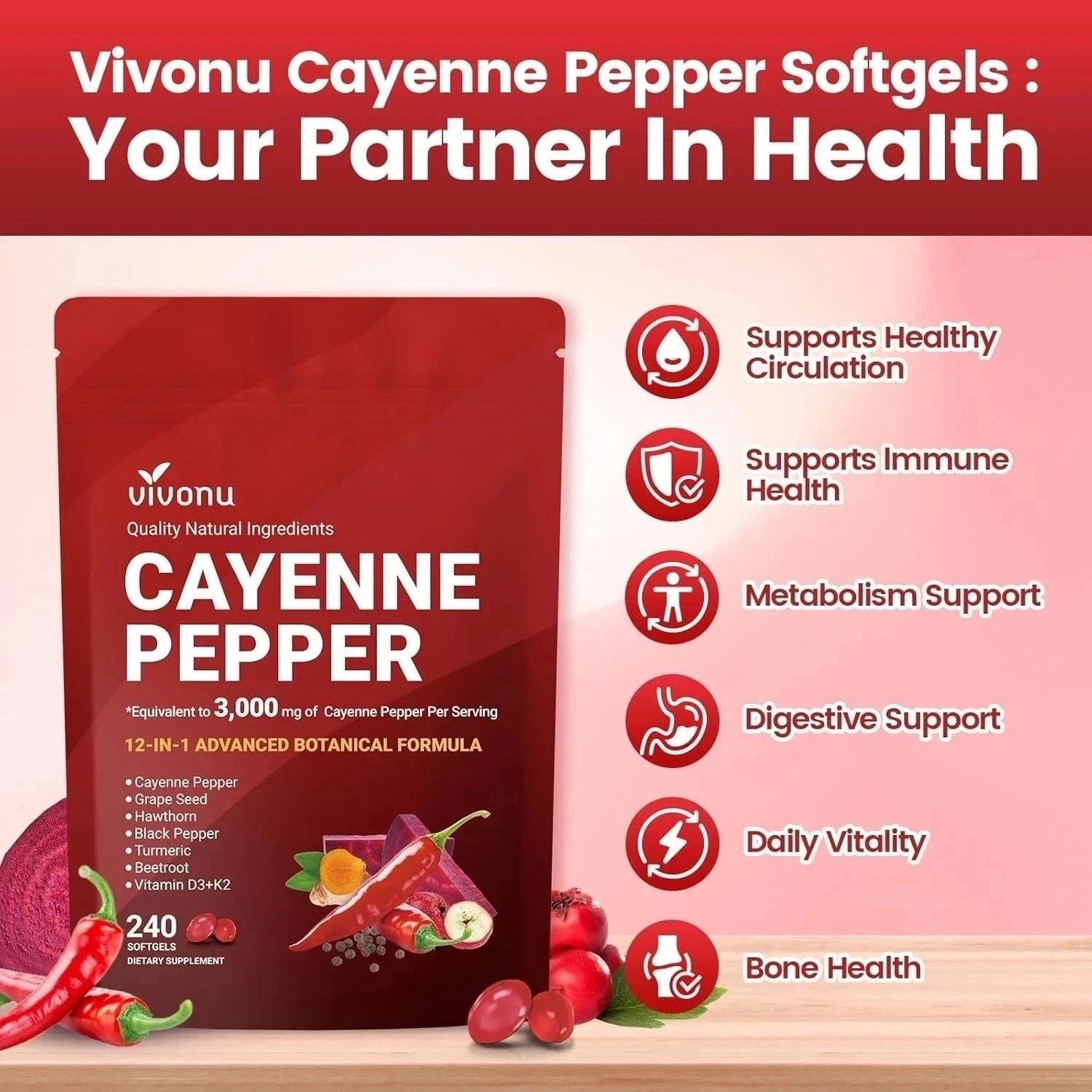 VivoNu Cayenne Pepper Softgels Health Formula – 240 Capsule Count NEW FREE SHIP