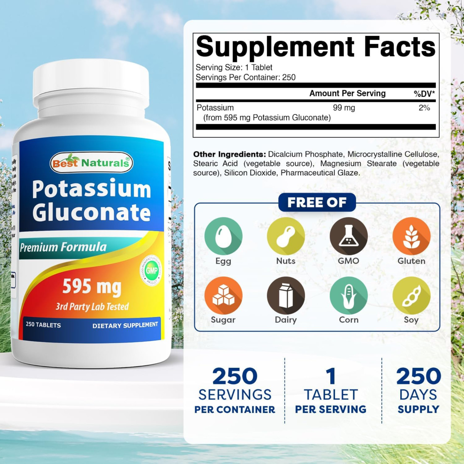 Best Naturals Potassium Gluconate 595mg 250 Tablets Non-GMO Gluten Free USA Made