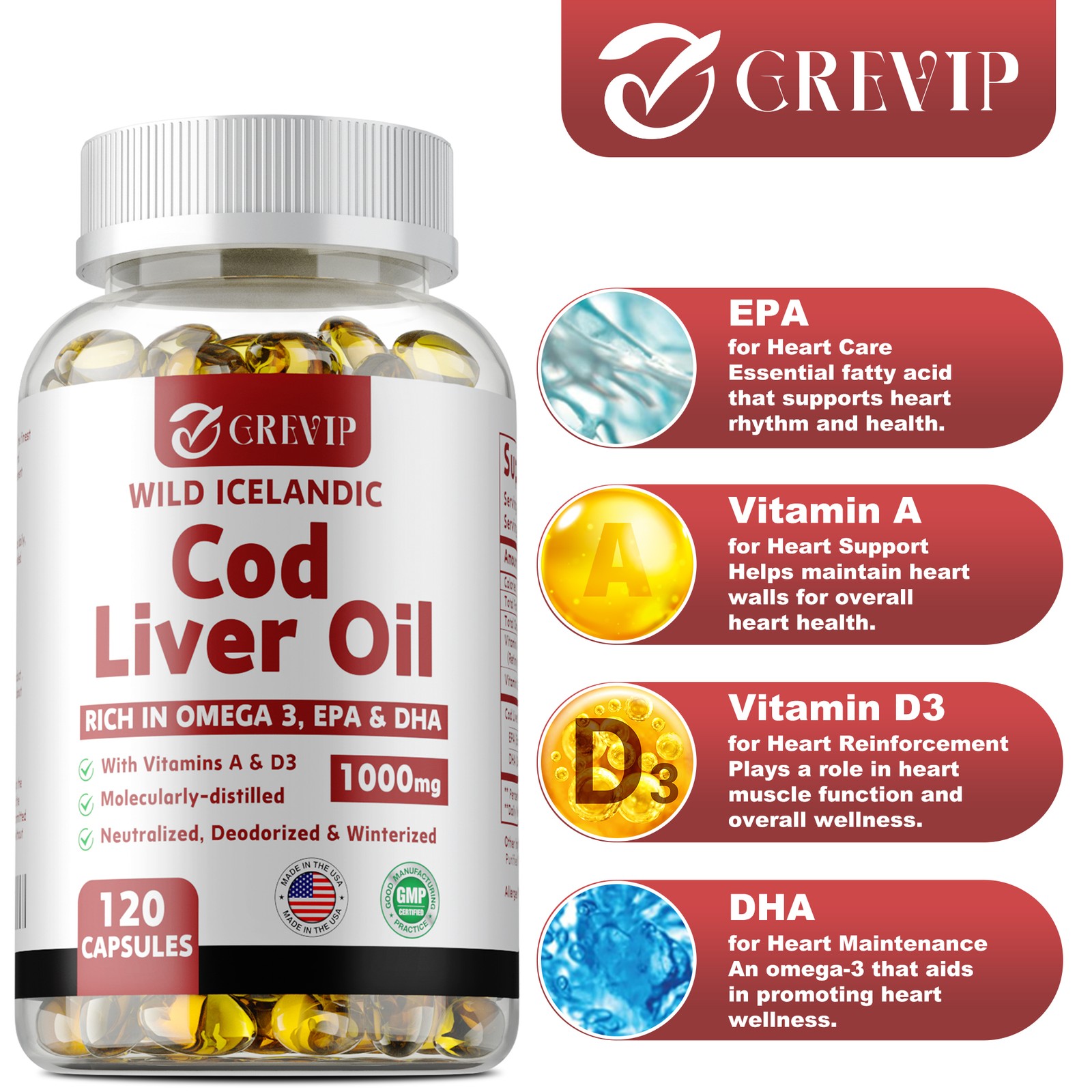 Wild Icelandic Cod Liver Oil Capsules 1000mg – Omega-3 EPA, DHA , Vitamin A & D3