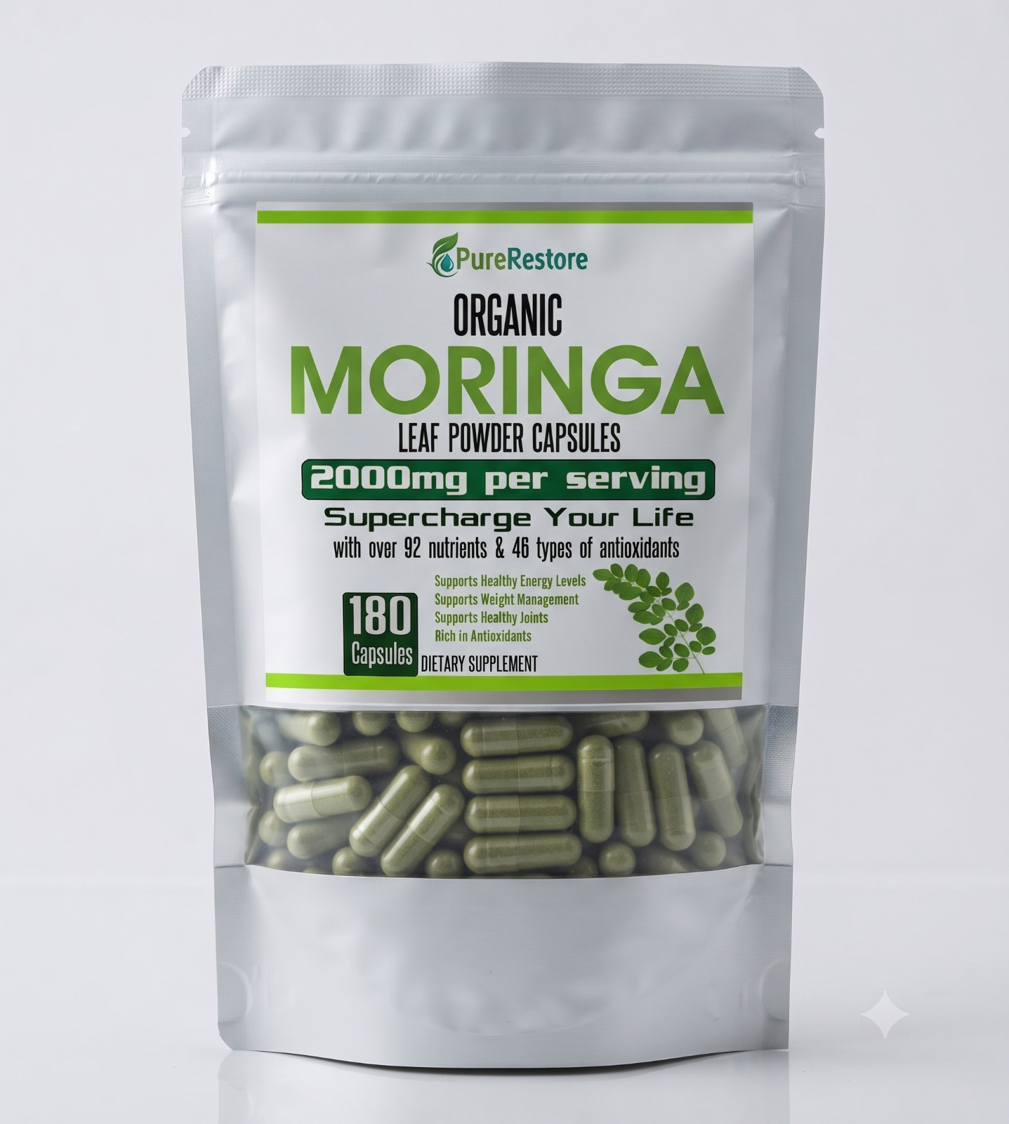 Organic Moringa Oleifera Capsules 2000mg, 60, 120, 180 Capsules