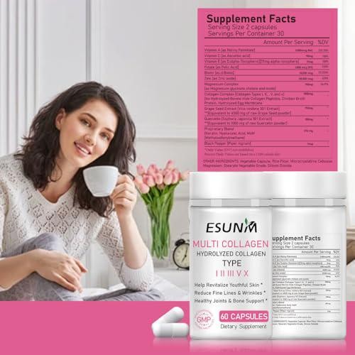ESUNM Multi Collagen Capsules for Women and Men – Type I, II, III, V, X – with C