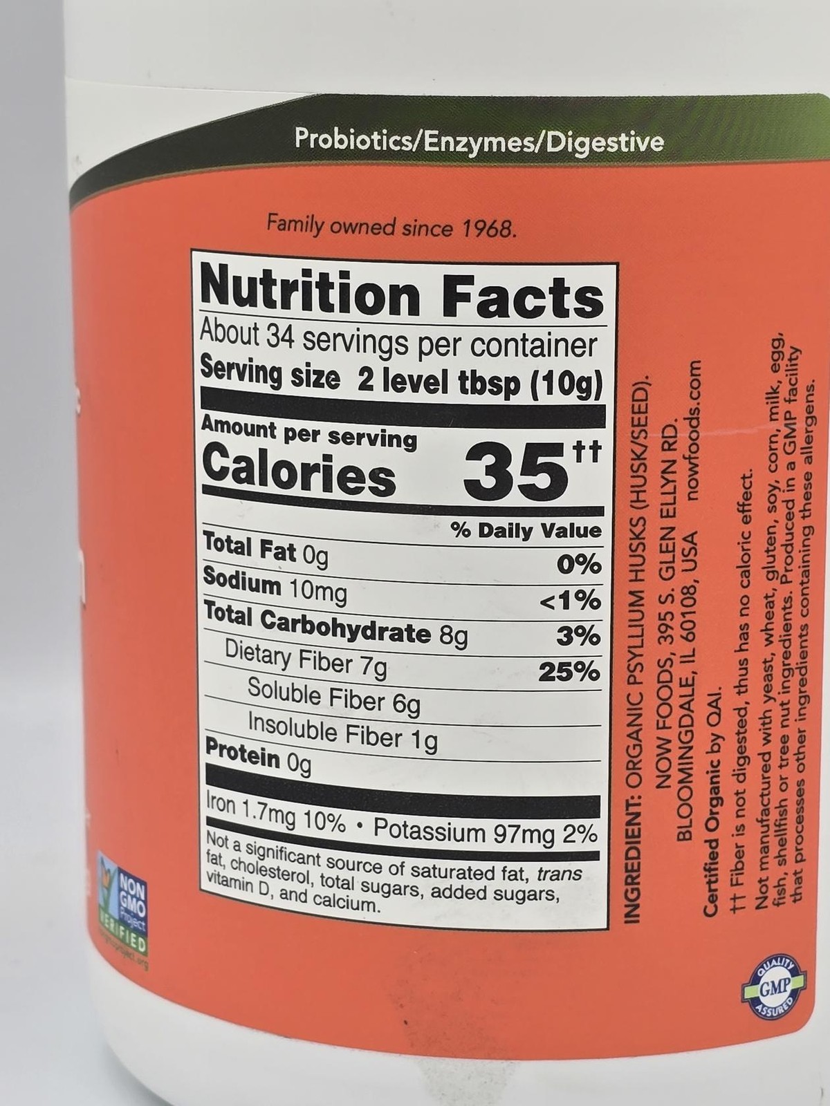 NOW Whole Psyllium Husks USDA Certified Organic Soluble Fiber Non-GMO 12 oz 6/27