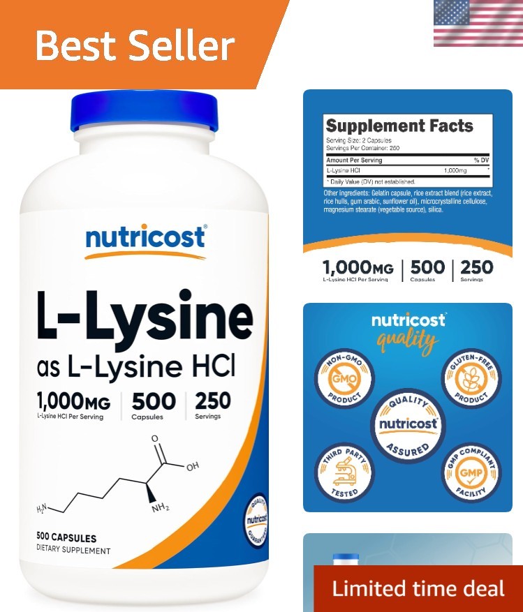 500 Capsules of L-Lysine 1000mg Per Serving – Essential Amino Acid, Gluten Free