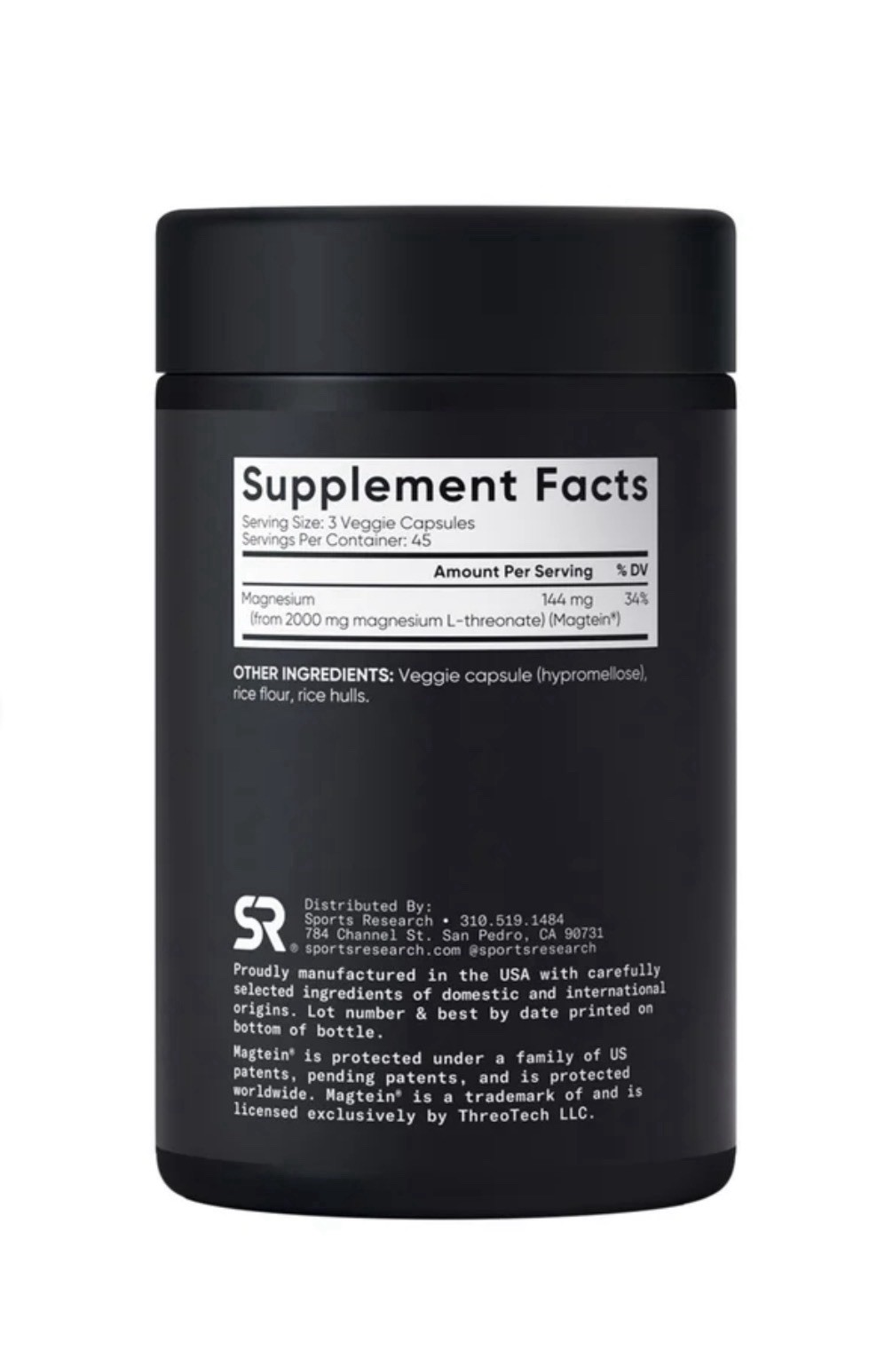 Sports Research Magtein Magnesium L-Threonate 144mg Vegan Non-GMO 135 Caps