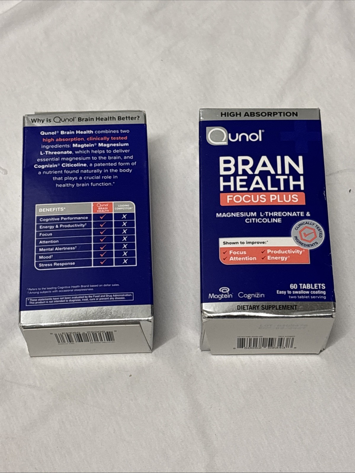 2 Pack Qunol Brain Health Focus Plus 60 Tablets Each Magnesium L-Threonate New