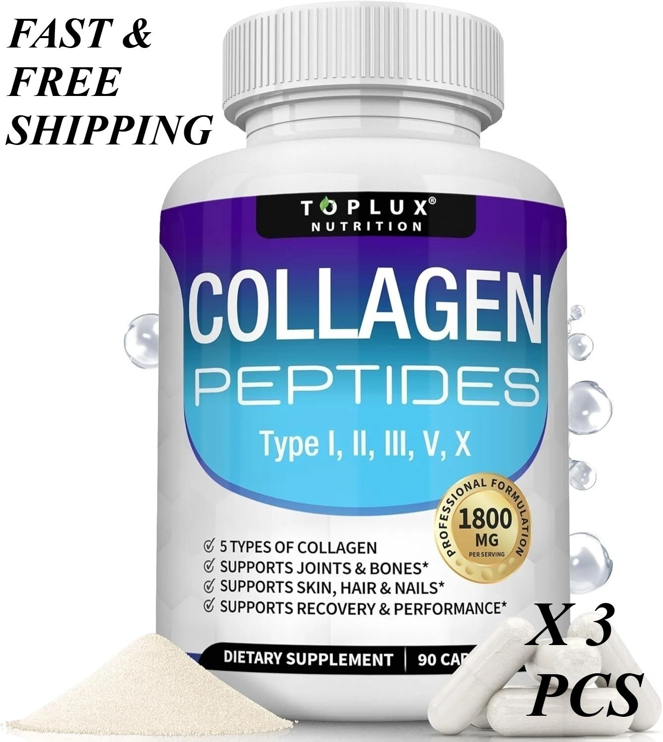 Toplux Multi Collagen Peptides Pills 1800 Mg Complex – Type I, II, III, V, X*/-
