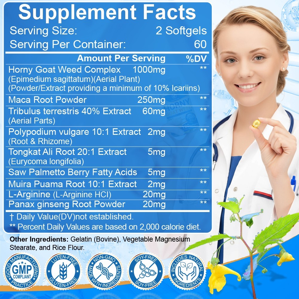 Horny Goat Weed Triple Strength Maca L-Arginine Saw Palmetto 2pcs Capsules