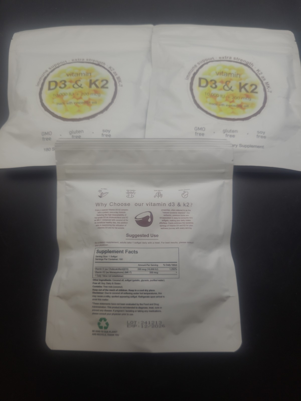 3 X Vitamin D3 & K2 Supplement With Coconut Oil 3 Packs 540 Softgels