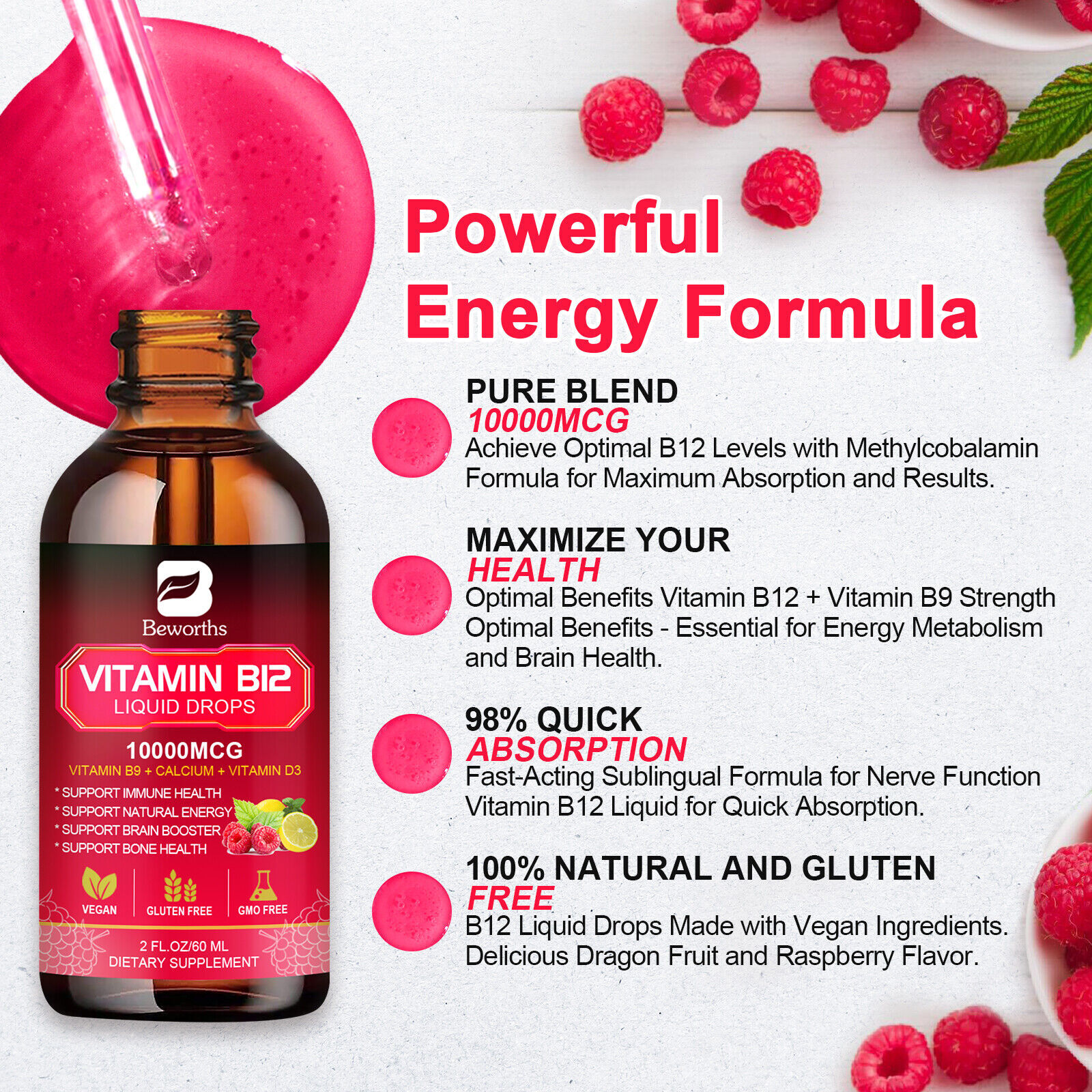 (4Pack)Vitamin B12 Supplement Liquid Drops Extra Strength Suport Immunity Energy