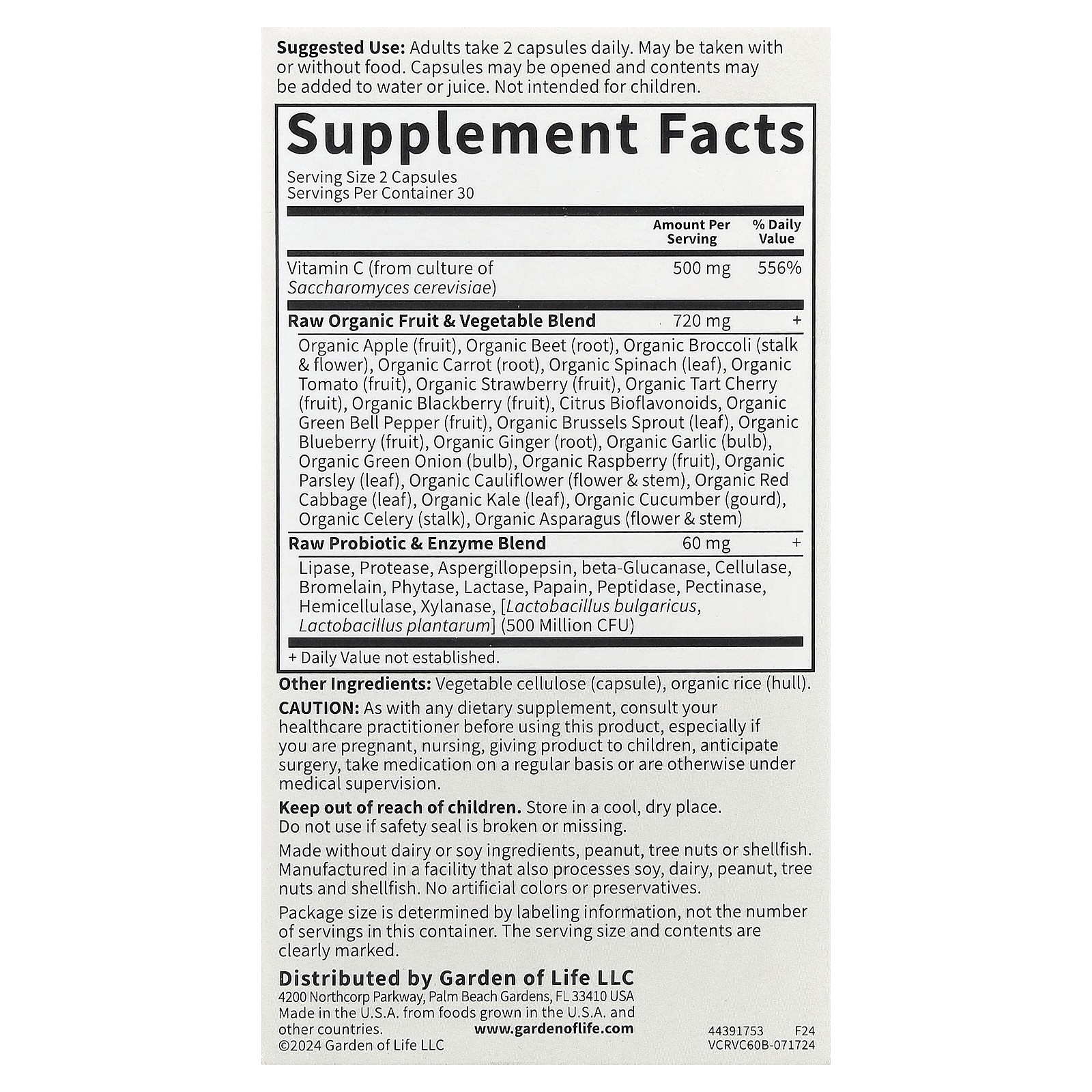 Garden of Life Vitamin Code Raw Vitamin C 60 Vegan Capsules Gluten-Free, Kosher,