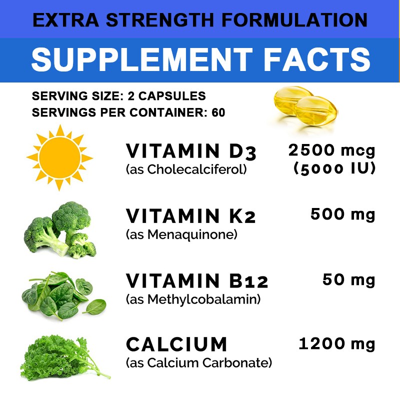 Calcium Capsules w/ D3+K2+B12 Support Bones Muscles Health Immune System 120Caps