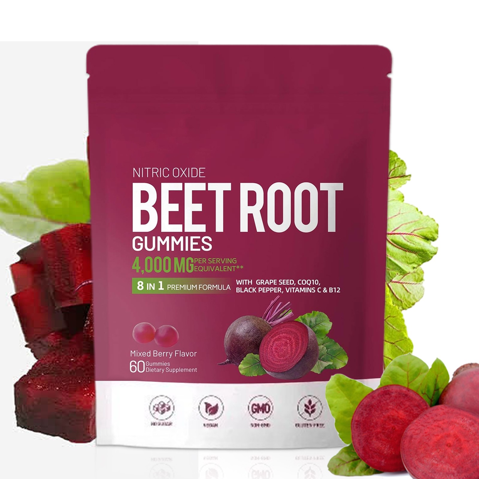 Beet Pure Root Gummies For Blood Pressure Heart Health Support Energy Level 60ct