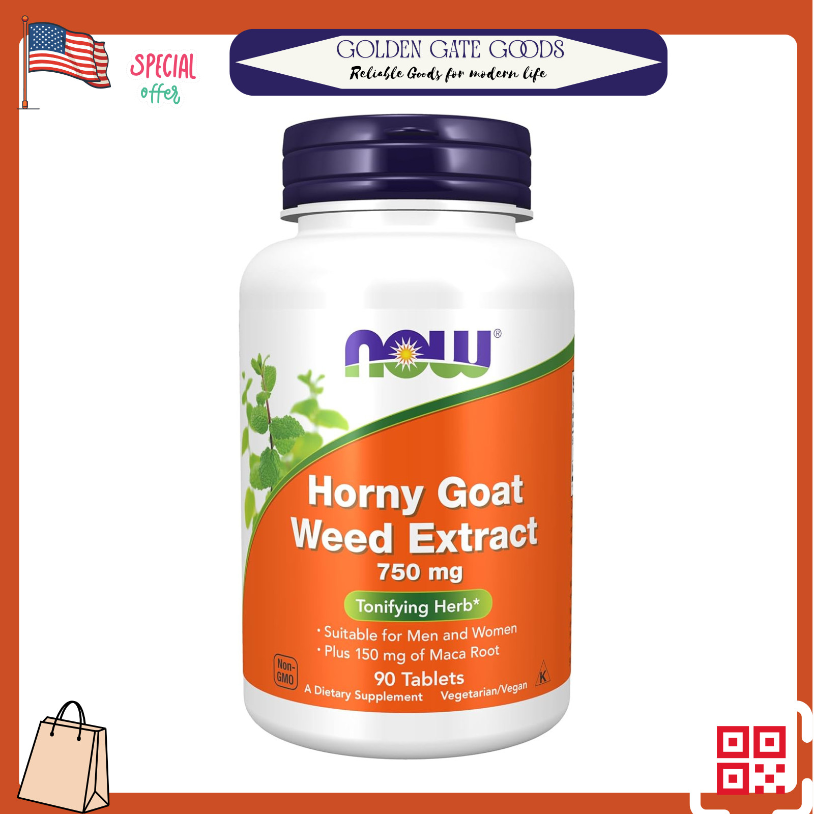 Horny Goat Weed Extract 750mg Plus Maca Root 150mg NOW Supplements 90 Tablets