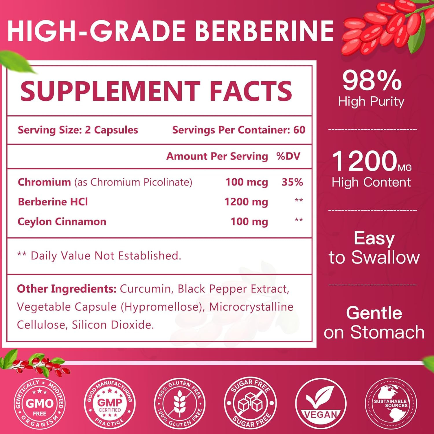 Berberine Hcl 1200Mg, Berberine Supplement with Ceylon Cinnamon, Chromium – Supp