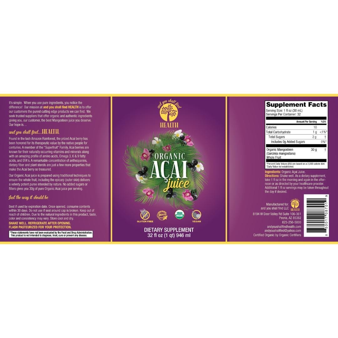 100 % ORGANIC Pure ONLY ACAI Super Juice Puree 32oz GLASS Bottle Omega Oil Rich