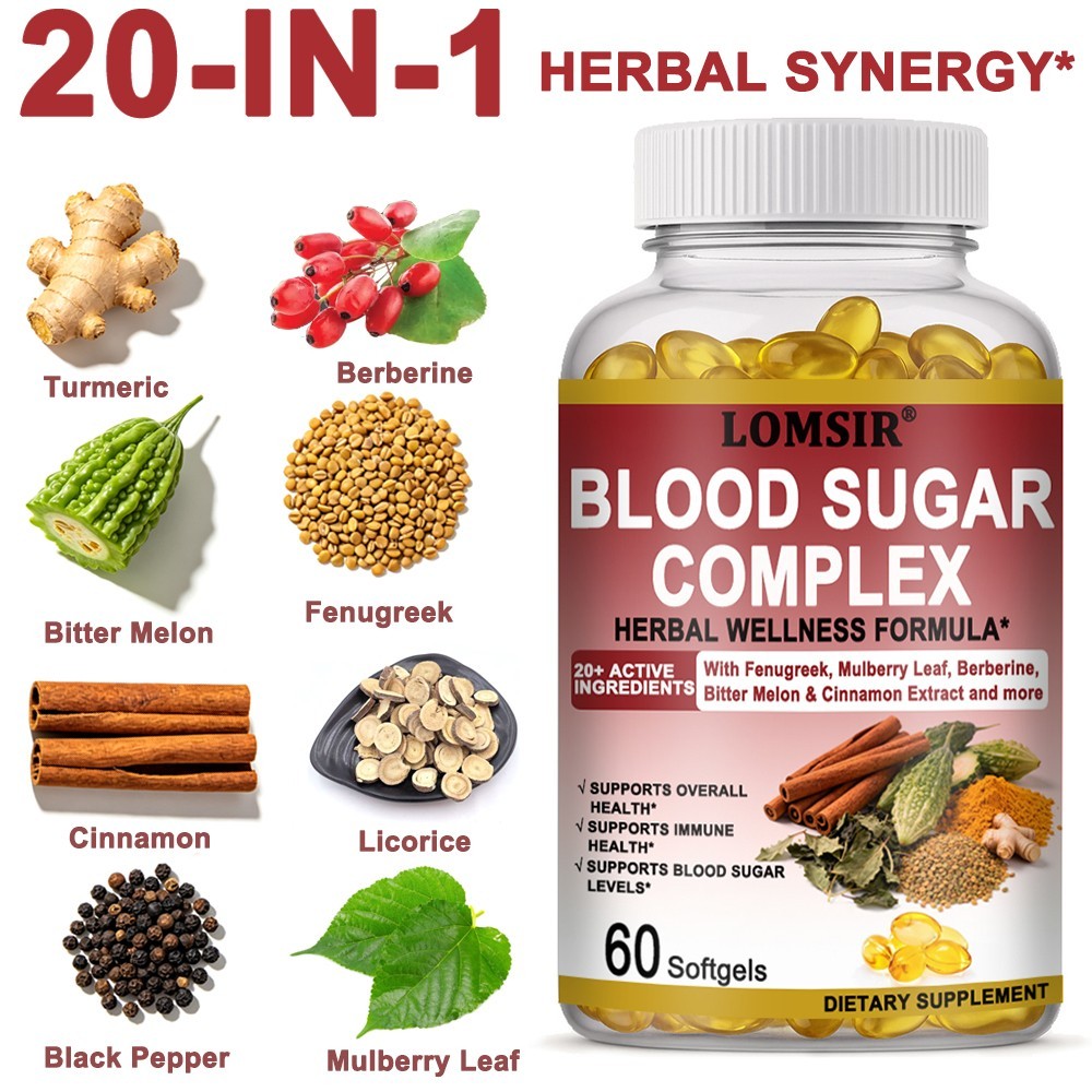 Blood Sugar Complex Supplement, 20+ Natural Herbs Vitality Support – 60 Softgels