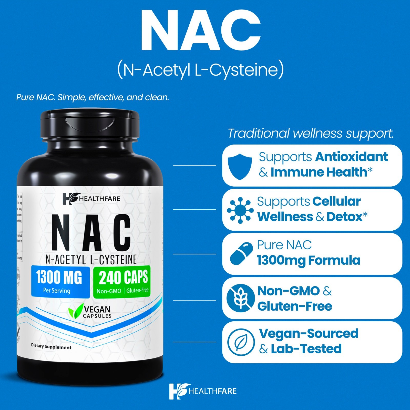 Healthfare N-Acetyl L-Cysteine (NAC) 1300mg | 240 Capsules Max Strength Veg Caps