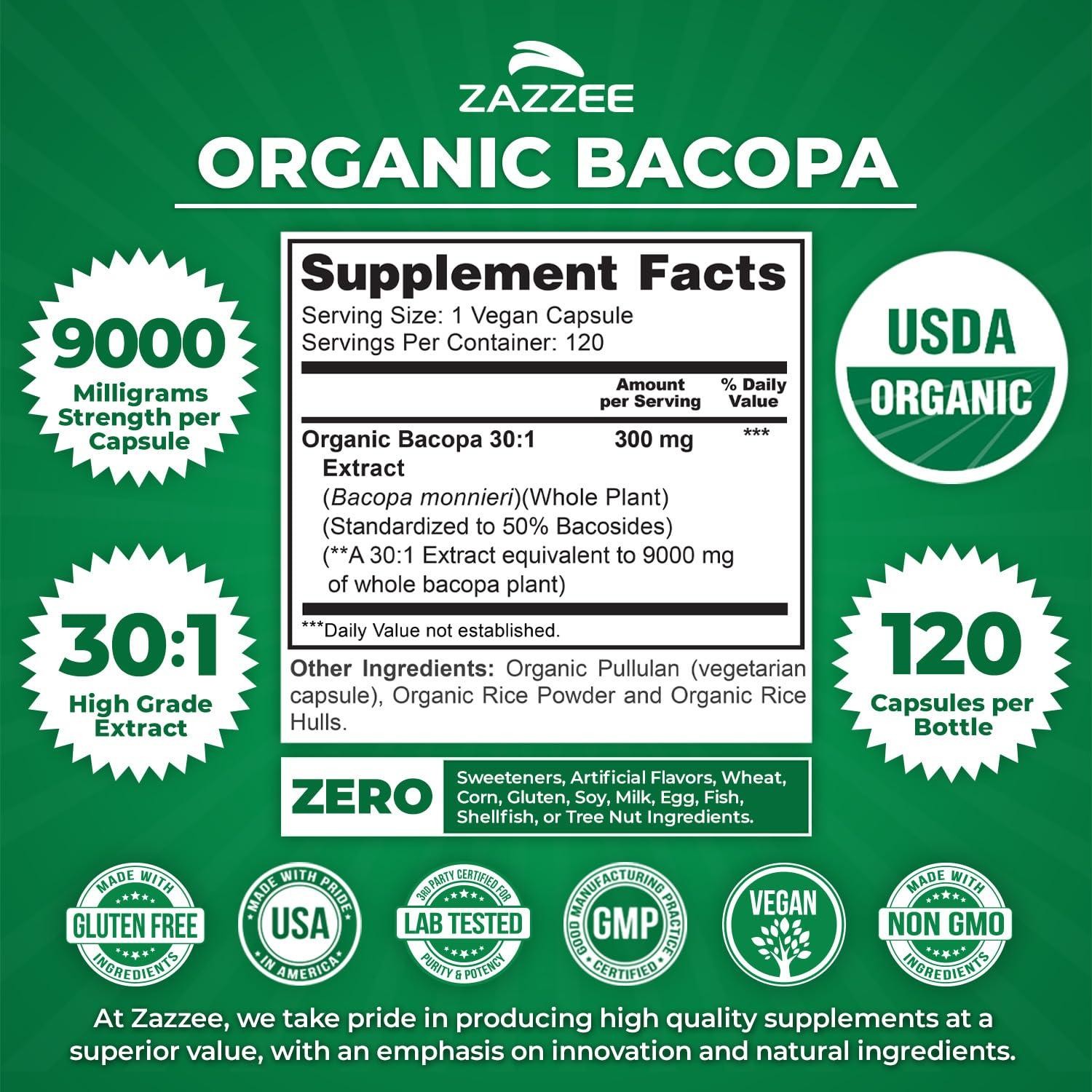 USDA Organic Bacopa 30:1 Extract, 9000mg Strength, Standardized to 50% Bacosides