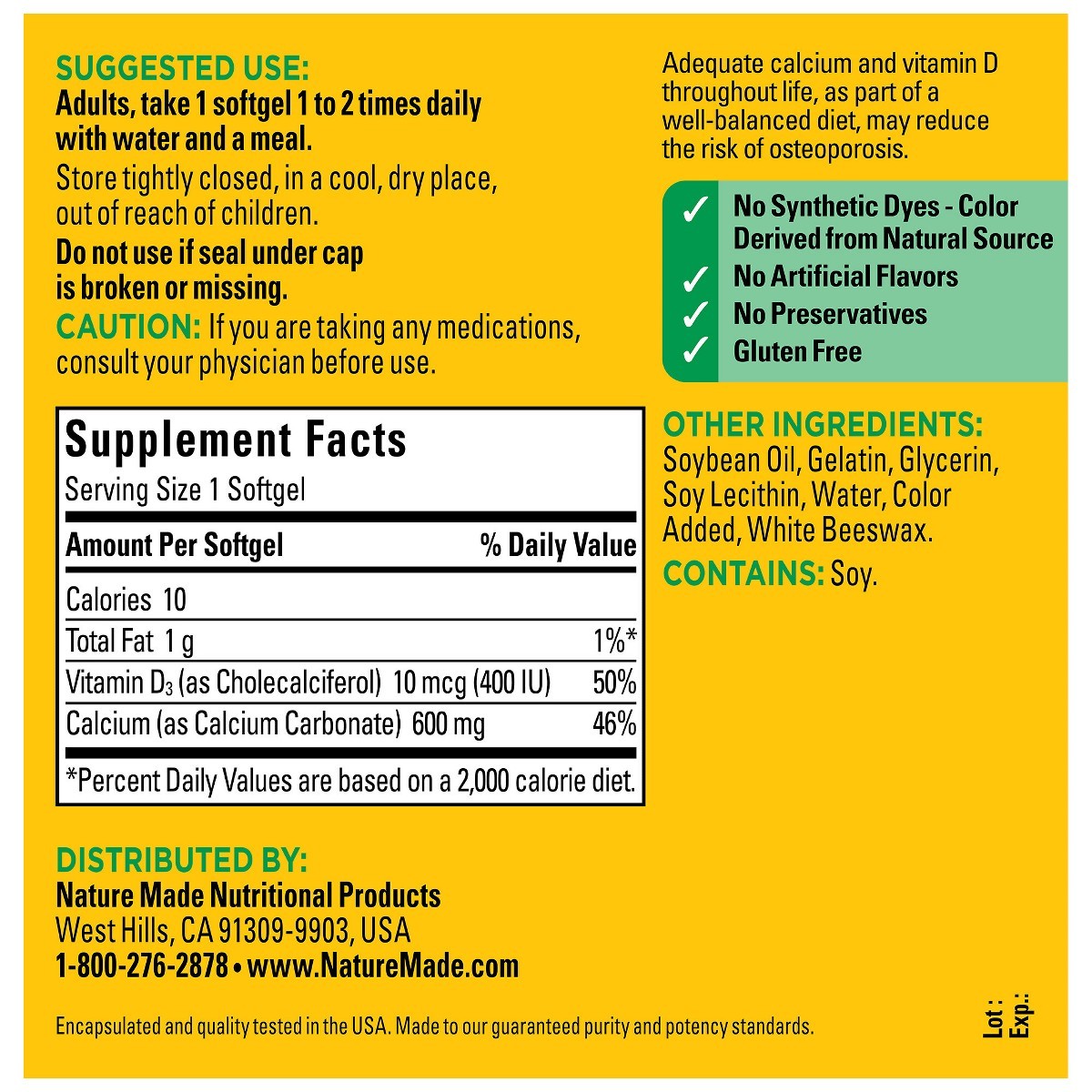 Nature Made Calcium 600mg Softgels with Vitamin D3 for Bone Support – 100ct