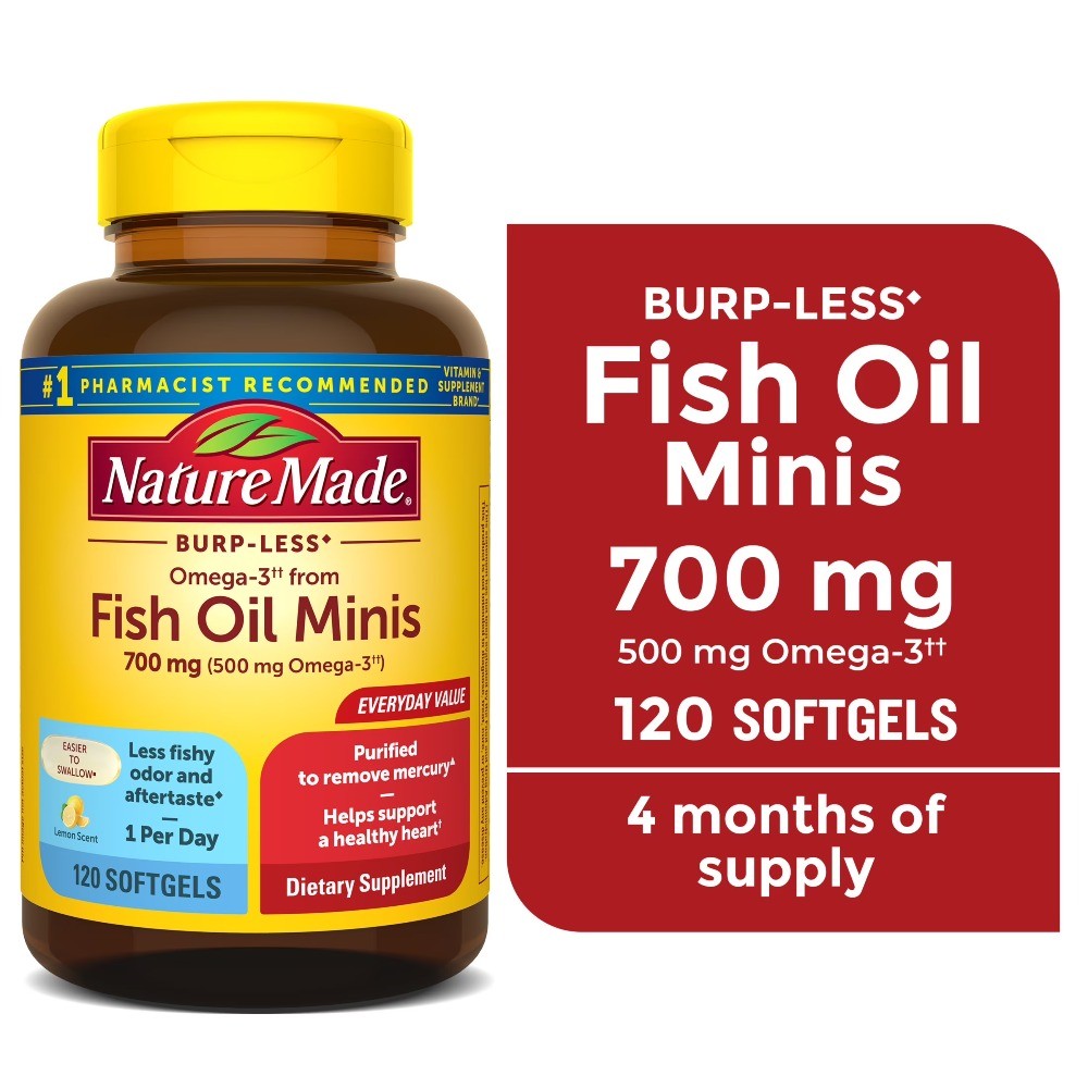 Nature Made Burp Less Omega 3 Fish Oil Supplements 700 mg Softgels, 120 Count