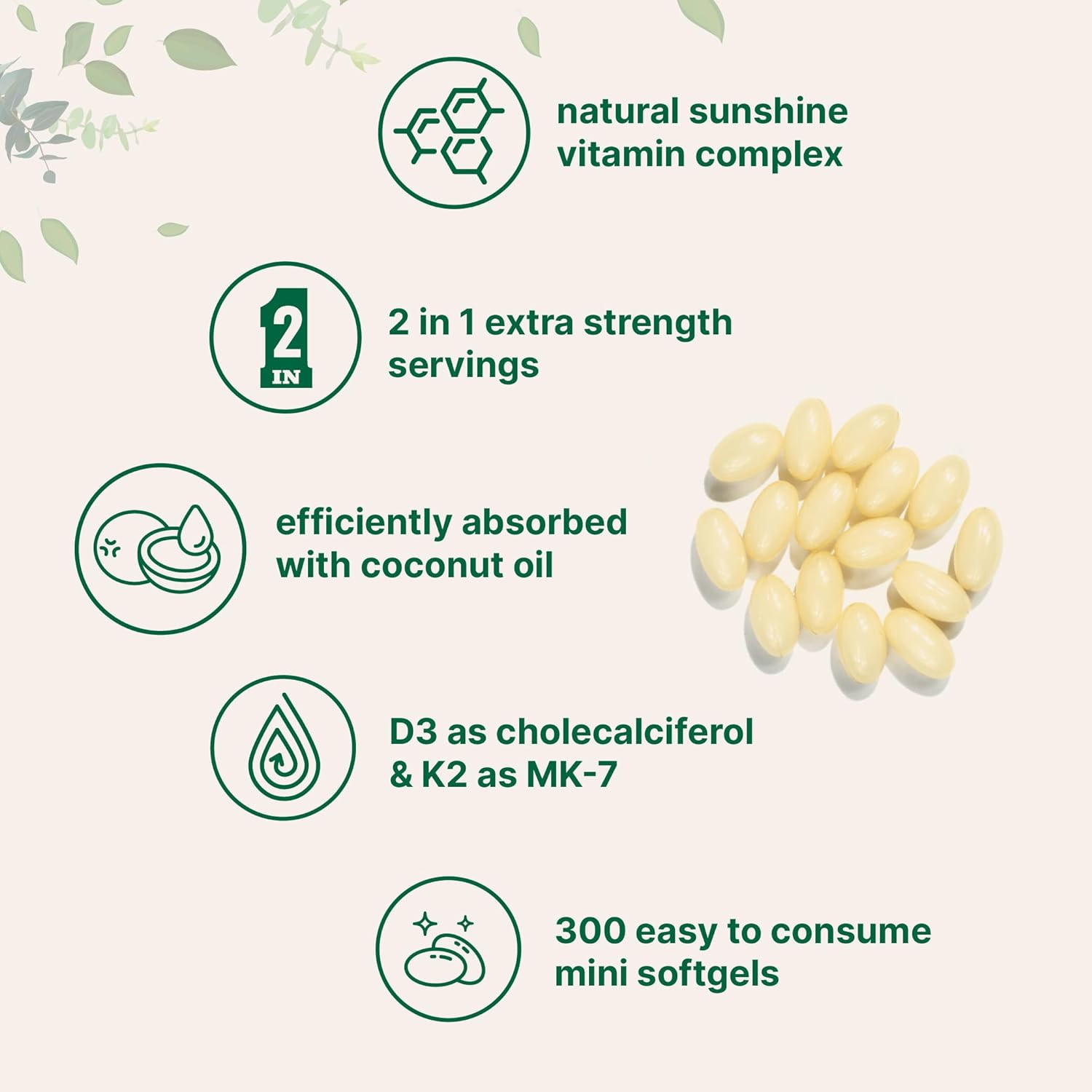 1x Vitamin D3 & Dietary K2 Softgels 300 Supplement Coconut Oil Ingredients Micro