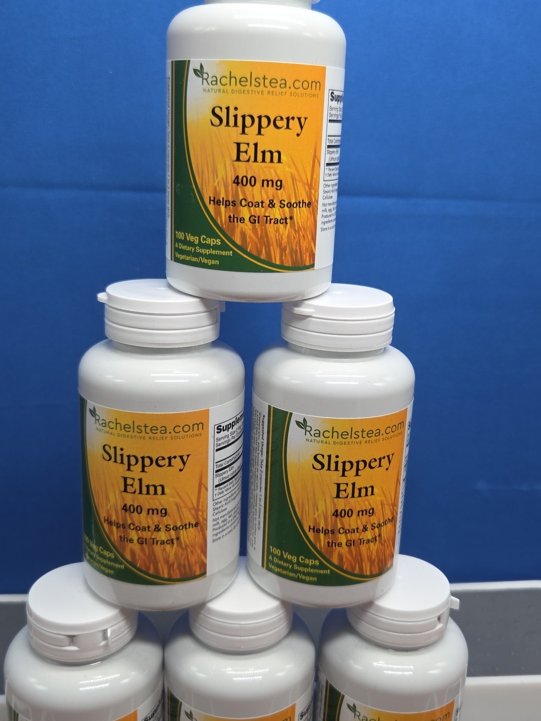 6 Bottles Rachelstea Slippery Elm, Natural Digestive 400 mg, 100 Veg Capsules