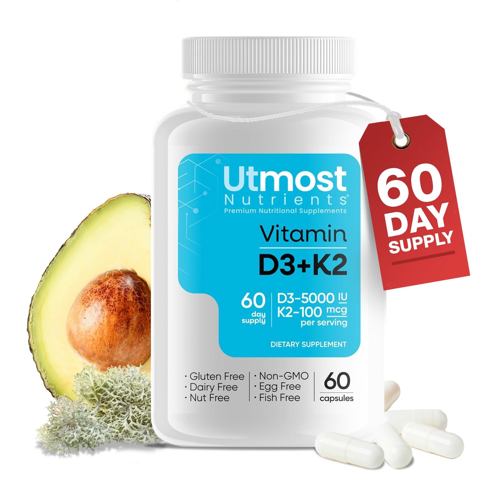 Vitamin D3 (5000iu) with K2 (100mcg) in one Capsule for 1 Count (Pack of 60)