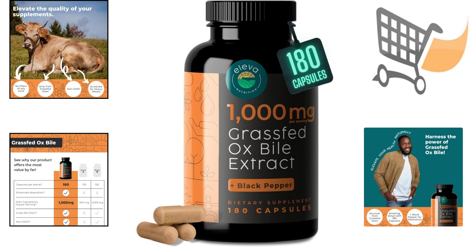 Grass-Fed Ox Bile Extract 1000mg Capsules Digestive Support Keto 180 Count