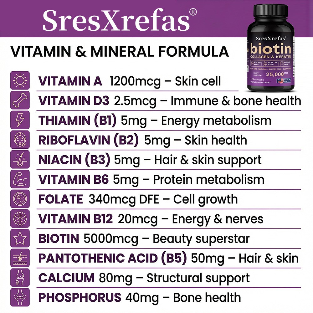 Biotin Collagen Keratin-Hair Skin Nails Health,Strong Non-Gmo 30/60/120 Capsules