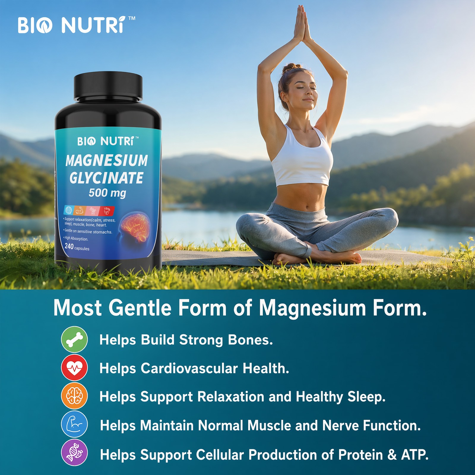 Magnesium Glycinate 500mg – 240 Capsules For Sleep, Stress Relief Support Bone