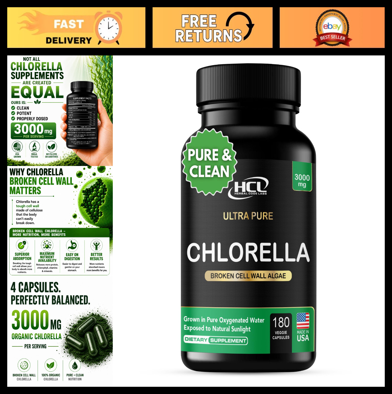 3000mg Chlorella Capsules – Cracked Cell Wall Blue Green Algae Detox Supplement,