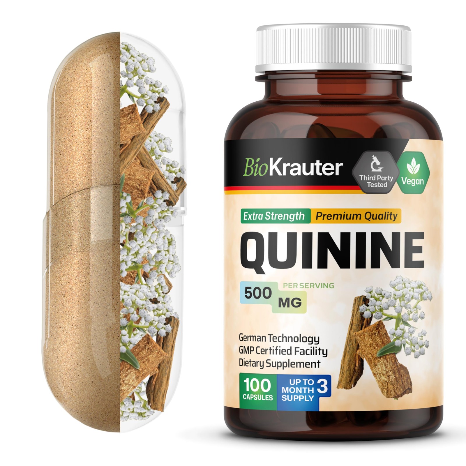 BIO KRAUTER Quinine for Leg Cramps Capsules 500 mg – 100 Count (Pack of 1)