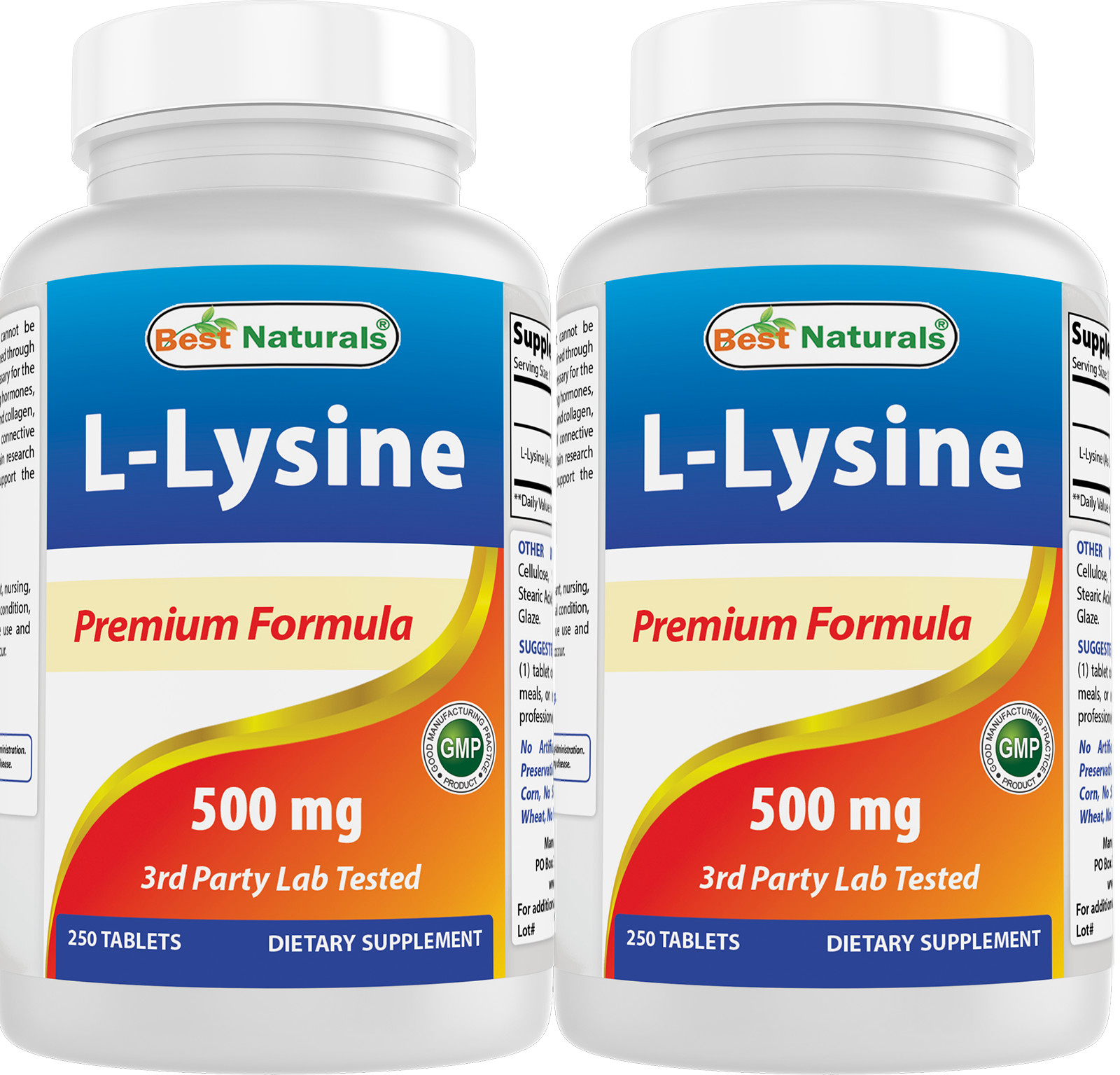 2 Pack Best Naturals L-Lysine 500 mg 250 Tablets