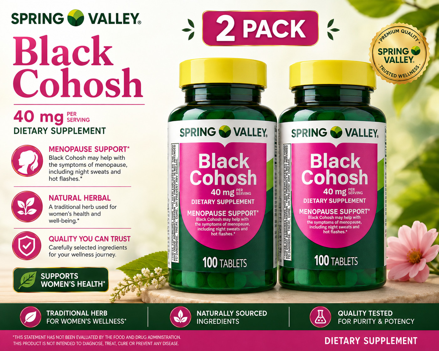 Spring Valley Black Cohosh 40mg 2 Pack 100 Tablets Menopause Support